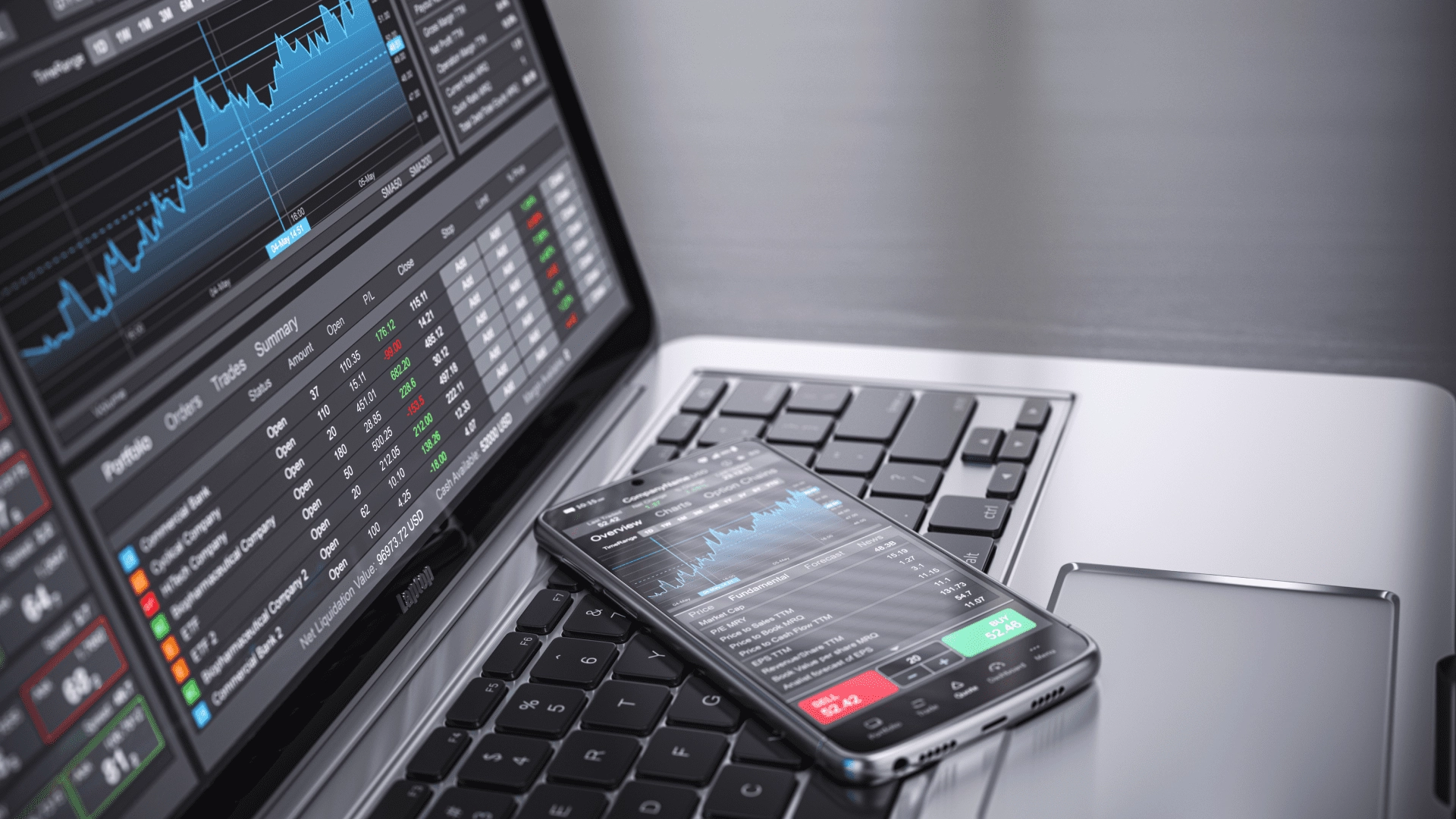 mt4 trading charts on a phone and laptop belonging to a forex trader