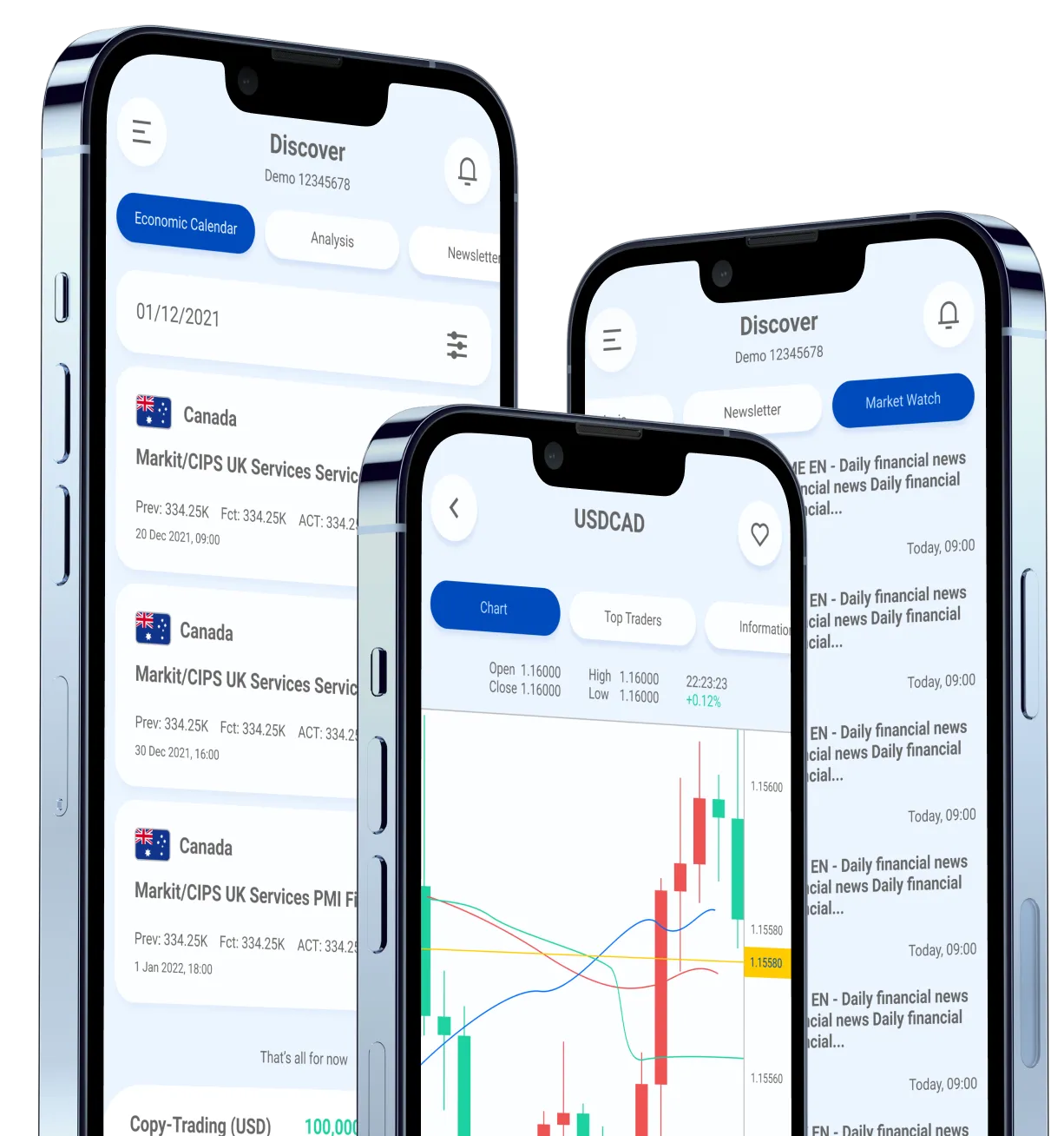 several mobile phones showing PU Prime's forex trading app interface